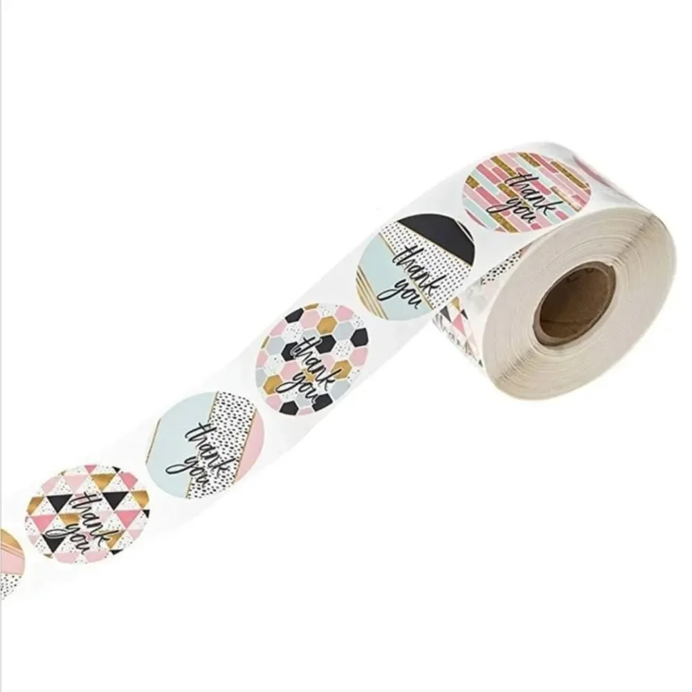 500 Thank You Stickers Colorful Pink Blue Geometric Design